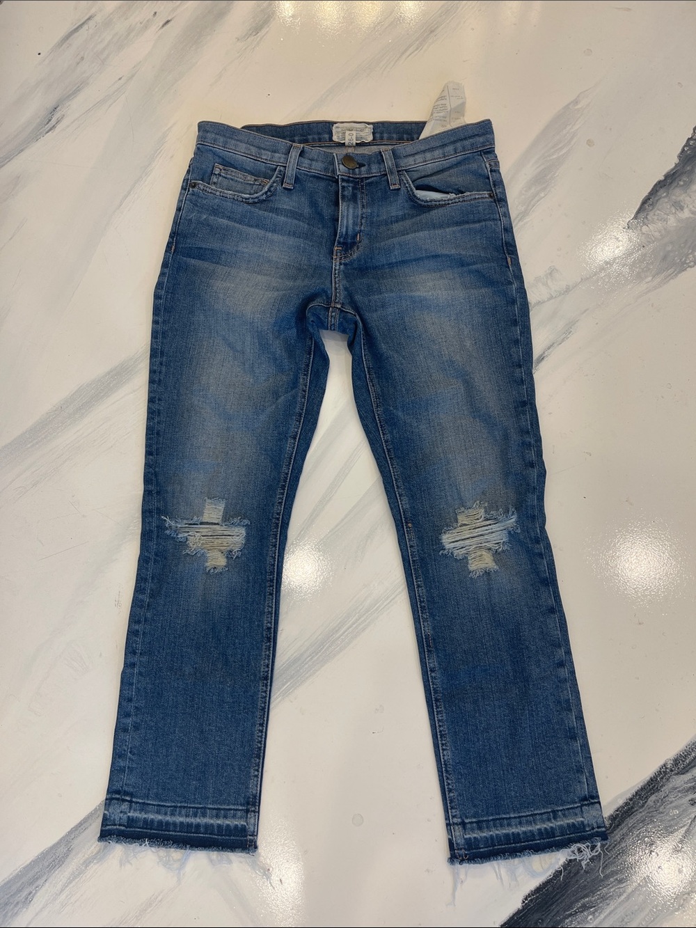 Current/Elliott Mid-Blue Distressed Ankle Jeans
